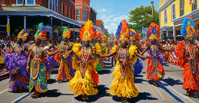 A lively festival scene featuring Mardi Gras Indians in colorful costumes dancing on the streets of New Orleans, with festive decorations and sunlight enhancing the atmosphere.