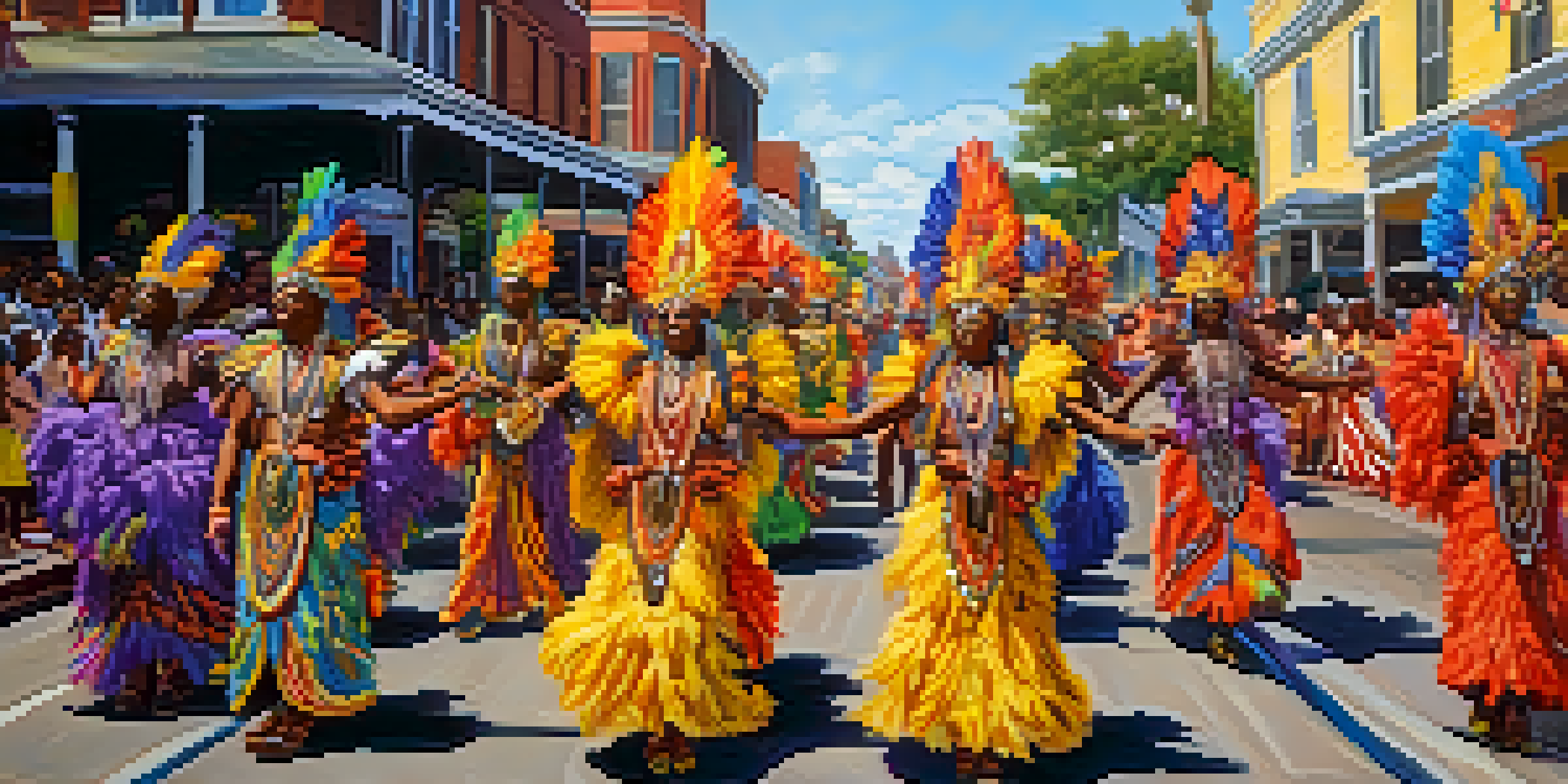 A lively festival scene featuring Mardi Gras Indians in colorful costumes dancing on the streets of New Orleans, with festive decorations and sunlight enhancing the atmosphere.