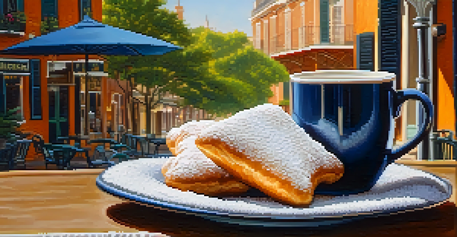 A plate of fluffy beignets with powdered sugar next to a cup of coffee on a café table.