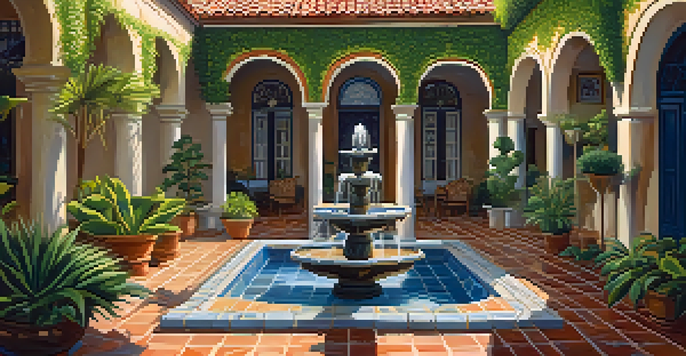 A colorful courtyard in New Orleans with a fountain, surrounded by greenery and wrought iron furniture, illuminated by warm sunlight.