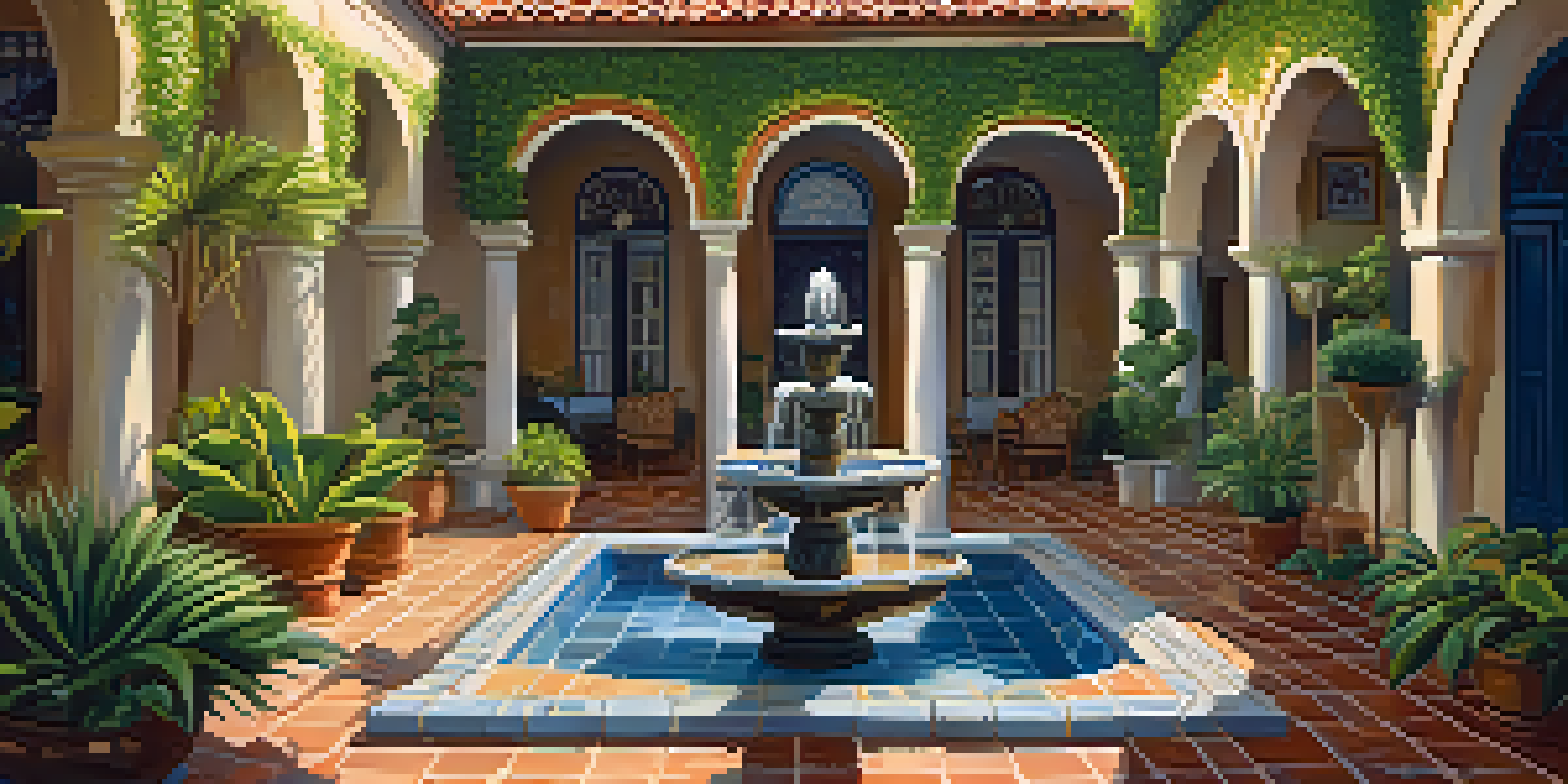 A colorful courtyard in New Orleans with a fountain, surrounded by greenery and wrought iron furniture, illuminated by warm sunlight.