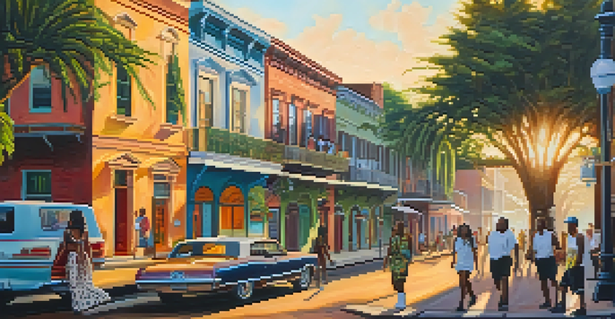 A lively New Orleans street scene with a colorful Voodoo-themed mural, surrounded by greenery and historic architecture, illuminated by a warm sunset.