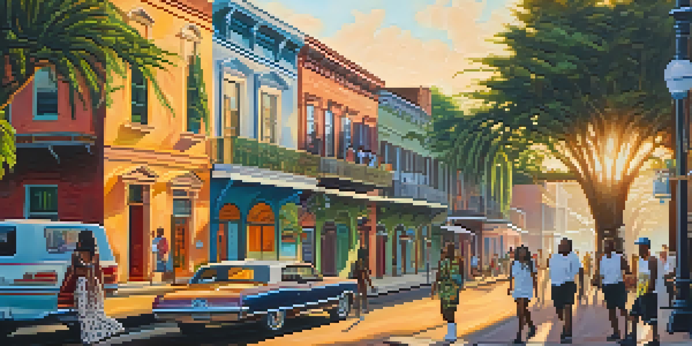 A lively New Orleans street scene with a colorful Voodoo-themed mural, surrounded by greenery and historic architecture, illuminated by a warm sunset.
