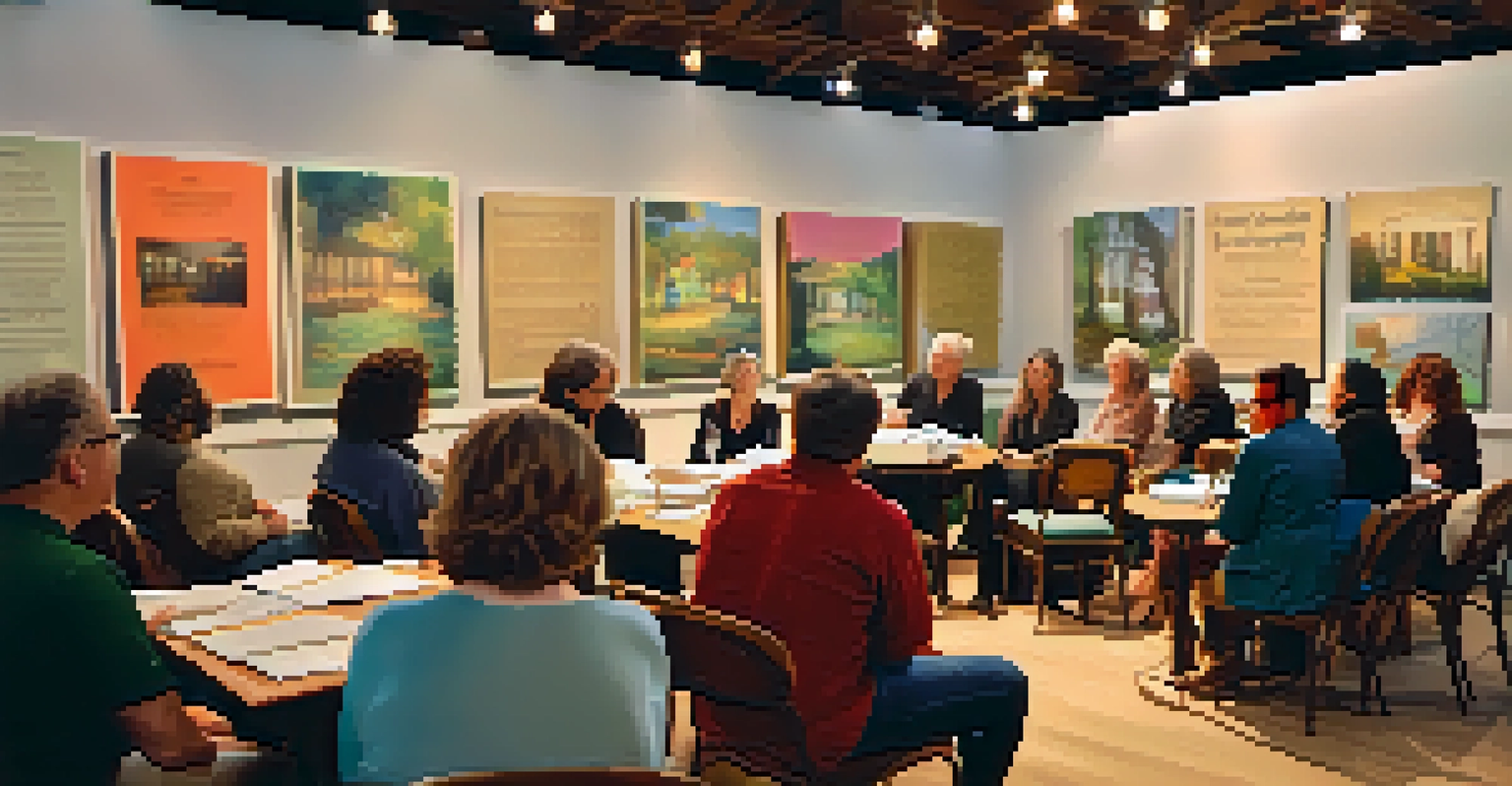 A cozy workshop scene at a literary festival with participants sharing their writings and a mentor leading the session.