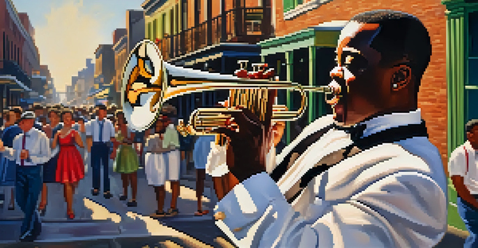 A young Louis Armstrong playing a cornet on a lively New Orleans street, surrounded by colorful storefronts and street musicians.
