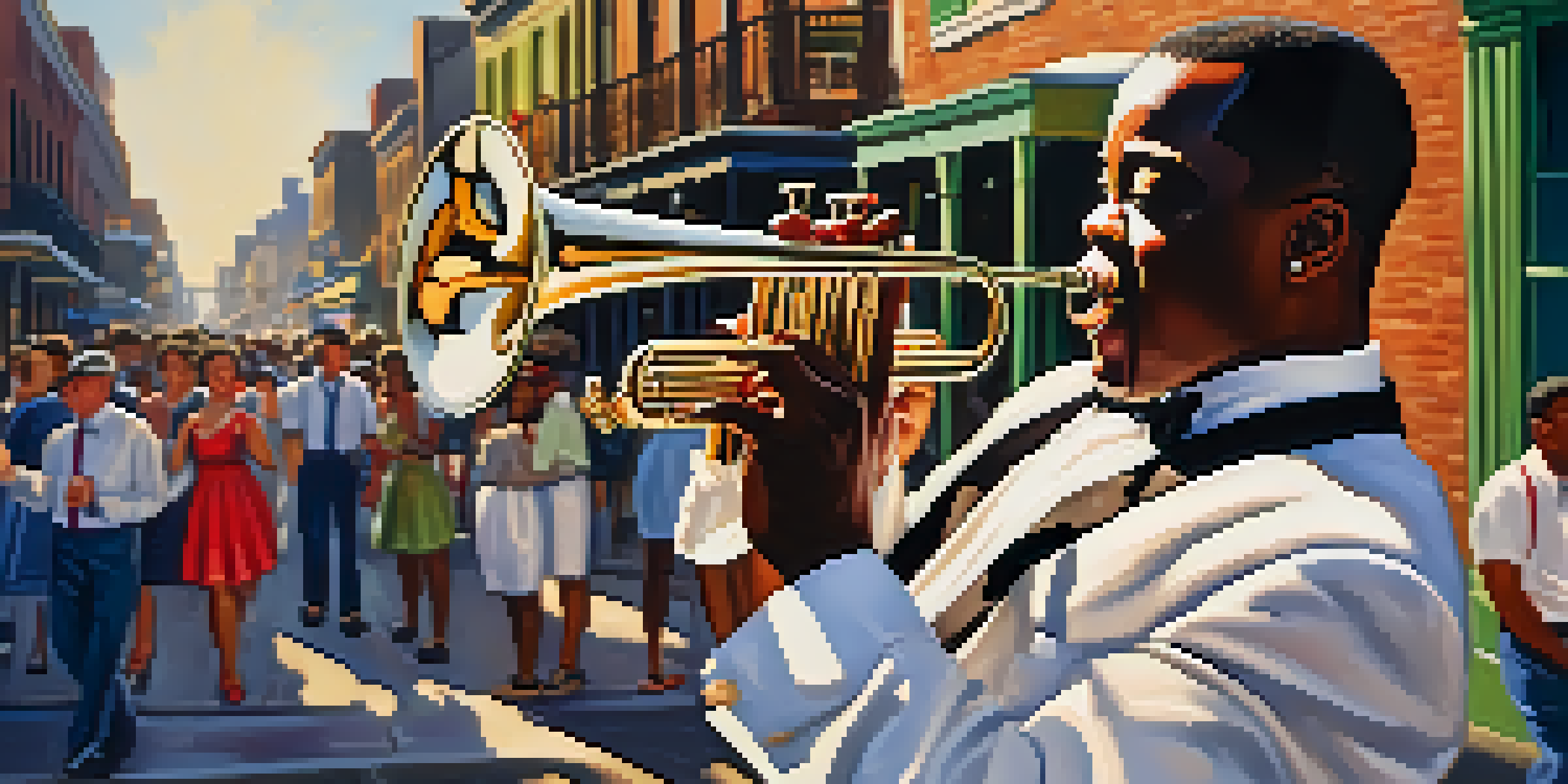 A young Louis Armstrong playing a cornet on a lively New Orleans street, surrounded by colorful storefronts and street musicians.