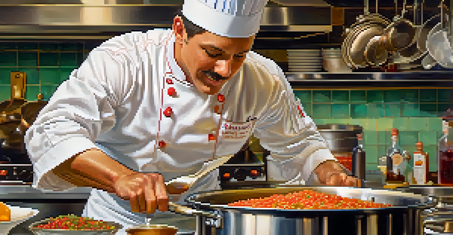 A chef in a kitchen stirring gumbo, surrounded by colorful ingredients and warm light, showcasing culinary passion.
