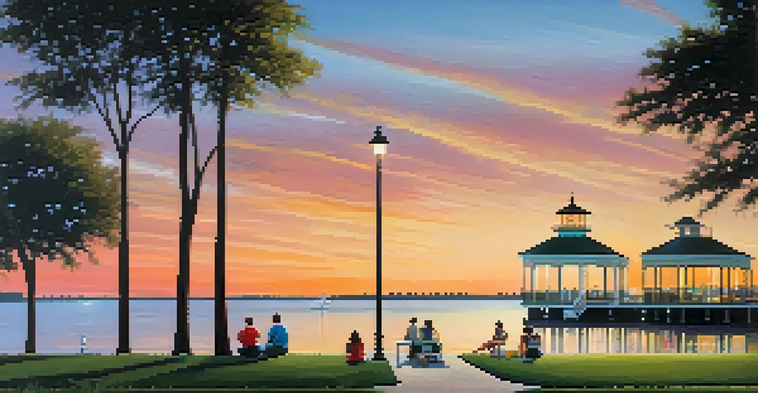 A picturesque sunset view of Lakeshore Drive with Lake Pontchartrain, families picnicking, and the New Canal Lighthouse in the background.