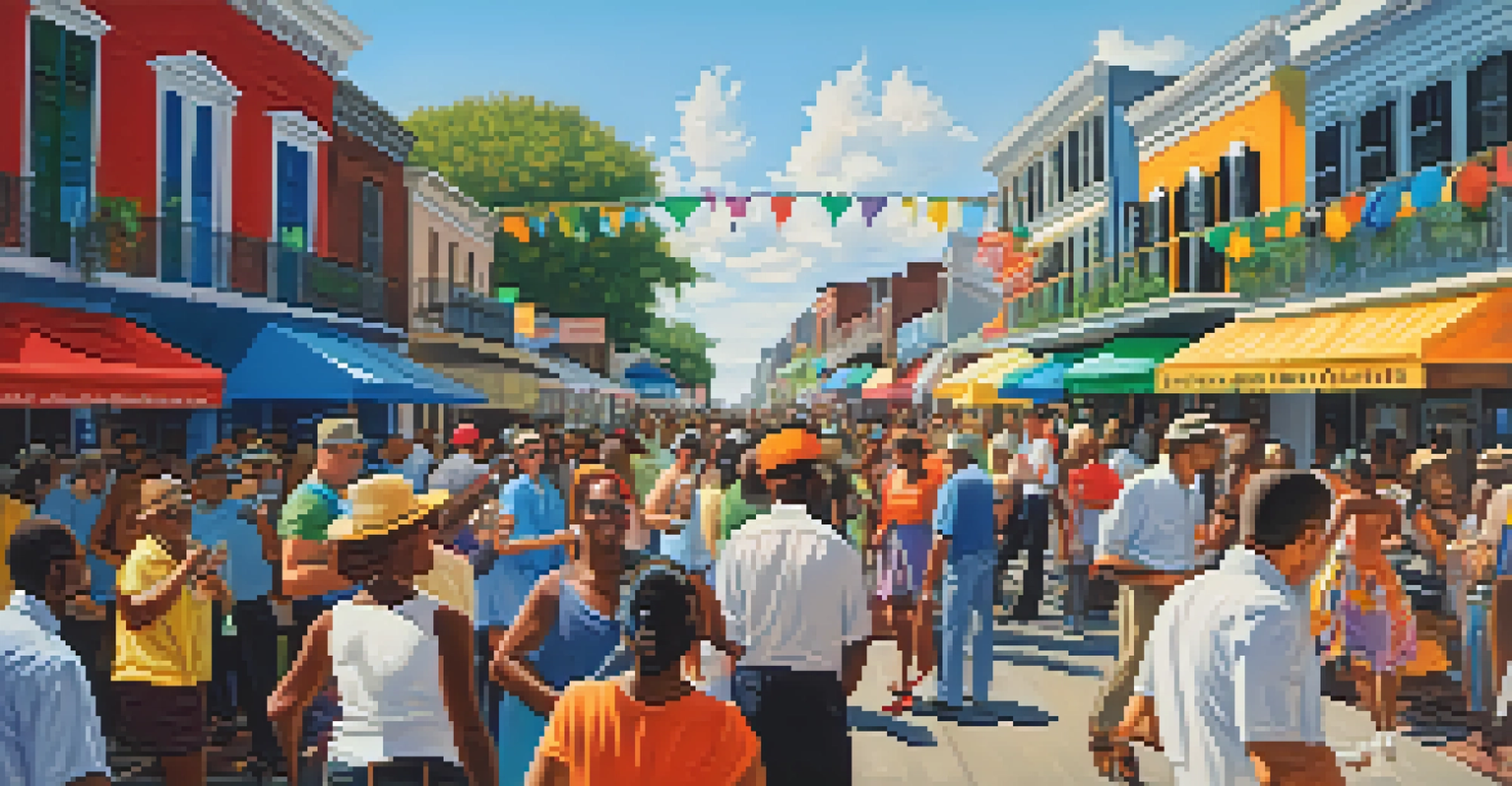 A lively jazz festival in New Orleans, with musicians, colorful decorations, and people dancing under a clear blue sky.