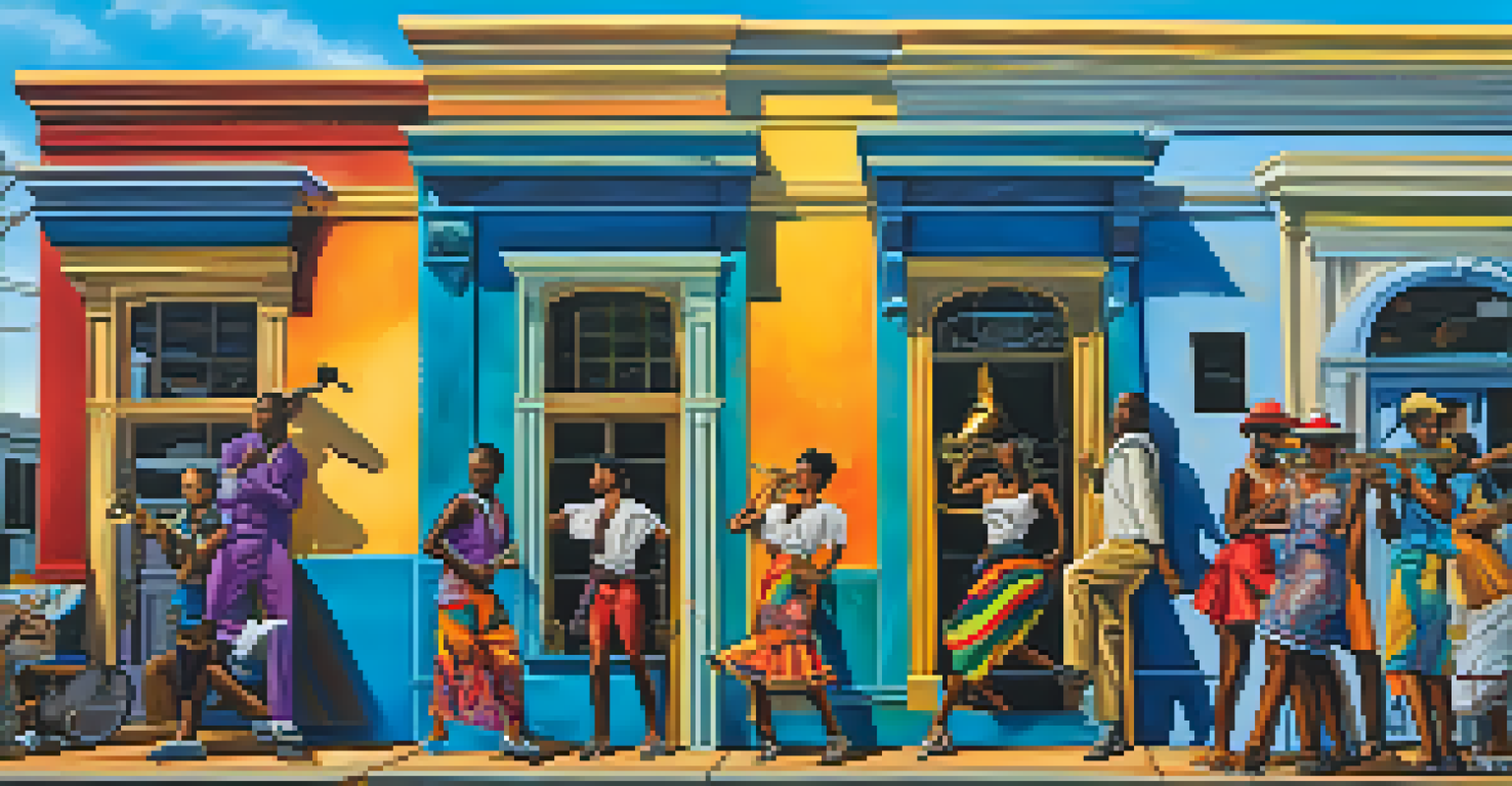 A colorful mural in Treme, New Orleans, illustrating African American culture and historical figures.