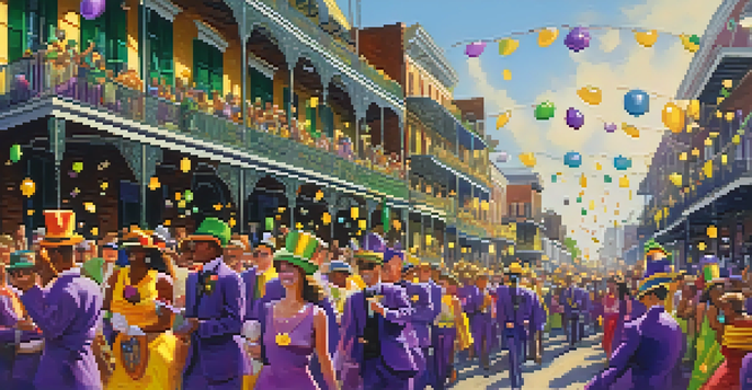 A lively Mardi Gras parade with colorful floats, costumes, and a crowd of celebrators in New Orleans.