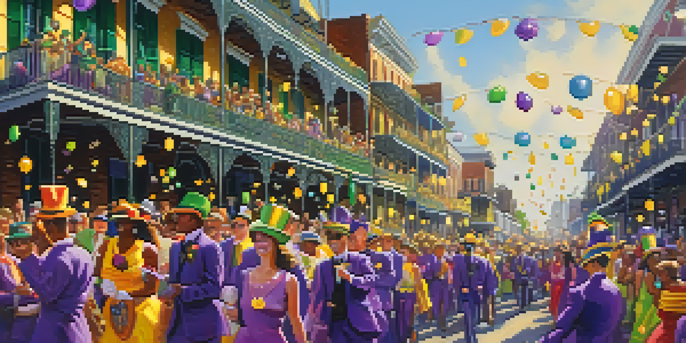 A lively Mardi Gras parade with colorful floats, costumes, and a crowd of celebrators in New Orleans.