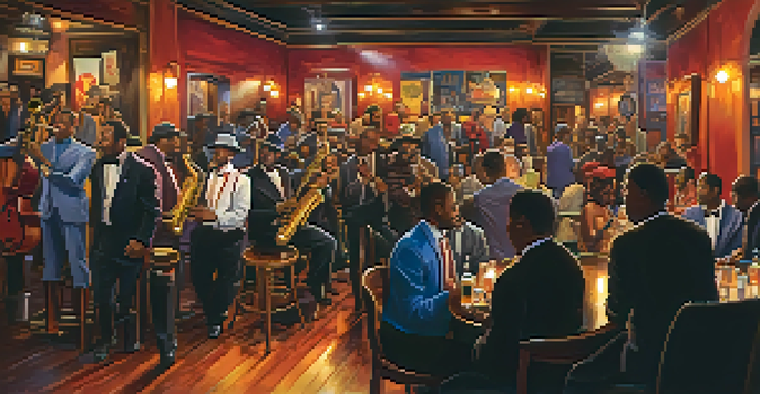 A vibrant jazz club scene in New Orleans with musicians playing on stage and an engaged audience enjoying the performance.