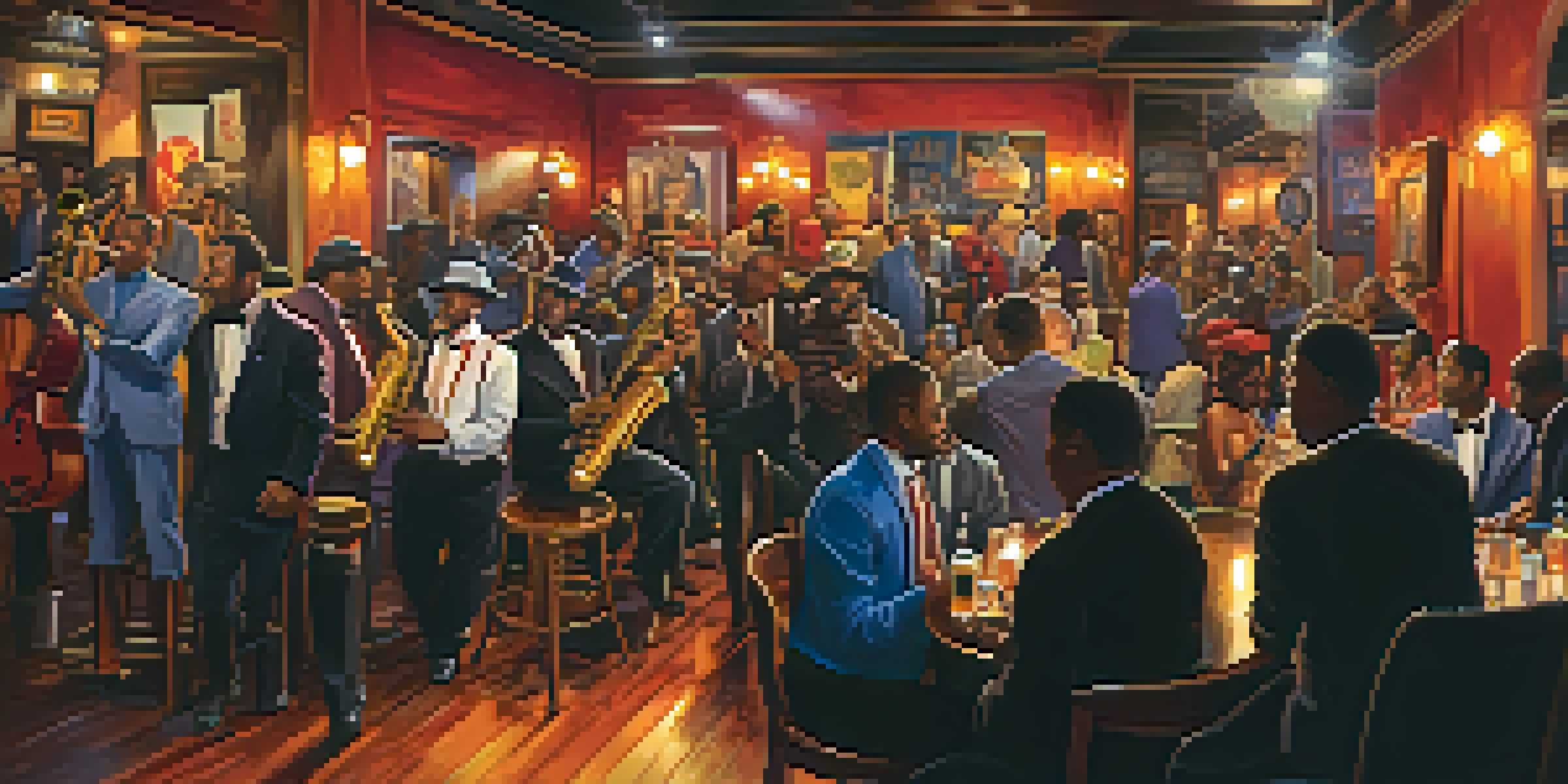 A vibrant jazz club scene in New Orleans with musicians playing on stage and an engaged audience enjoying the performance.