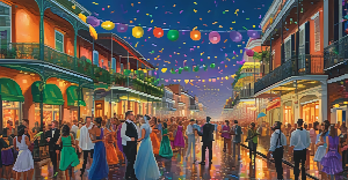 A lively street in New Orleans during Mardi Gras, filled with colorful floats and people in costumes, with historic buildings in the background.