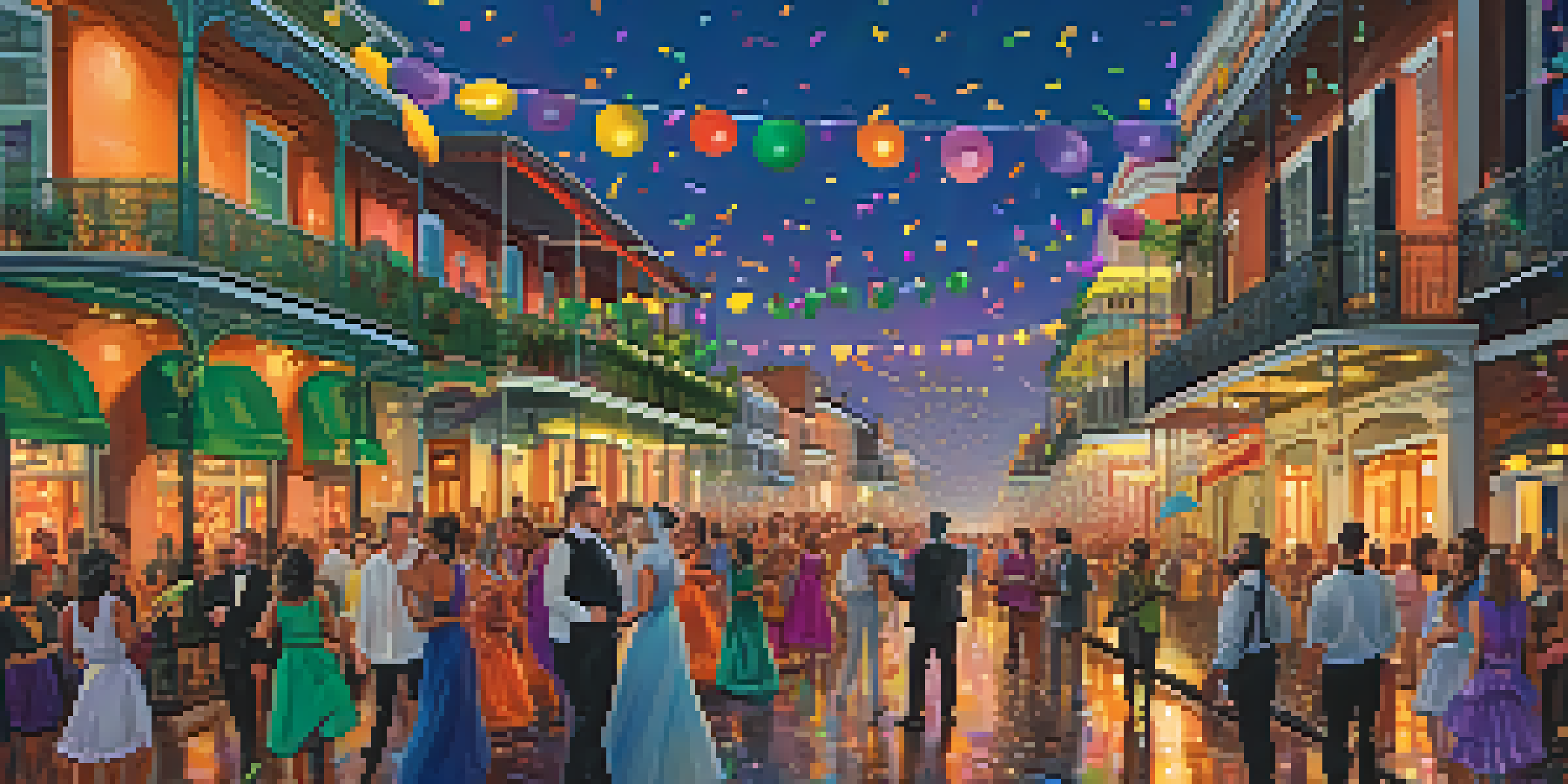 A lively street in New Orleans during Mardi Gras, filled with colorful floats and people in costumes, with historic buildings in the background.