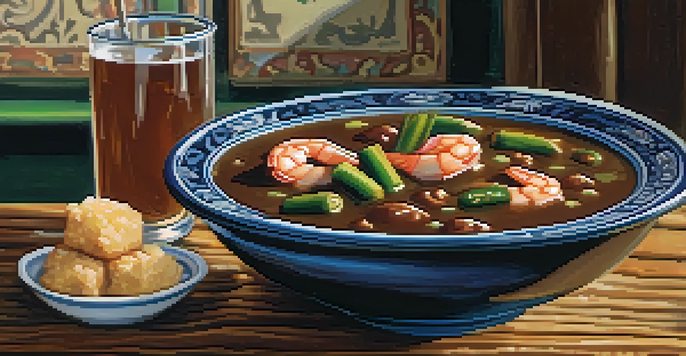 A colorful bowl of gumbo with shrimp, sausage, and okra, served with rice on a wooden table.