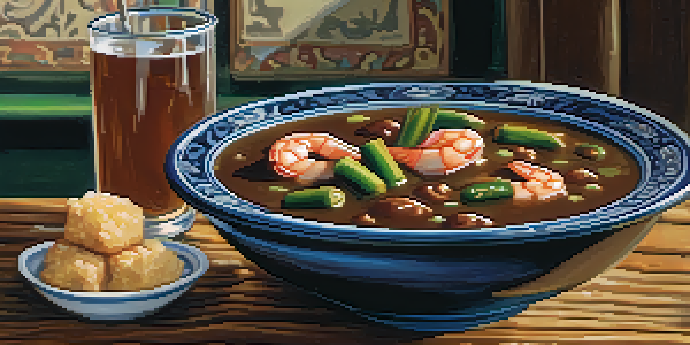 A colorful bowl of gumbo with shrimp, sausage, and okra, served with rice on a wooden table.
