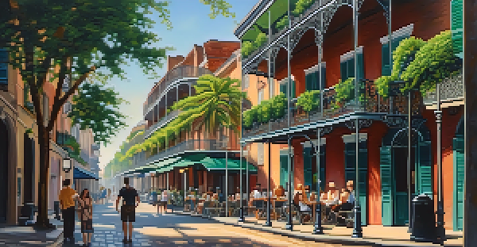 A picturesque view of the French Quarter in New Orleans, featuring colorful buildings, ironwork balconies, and people at a café under dappled sunlight.