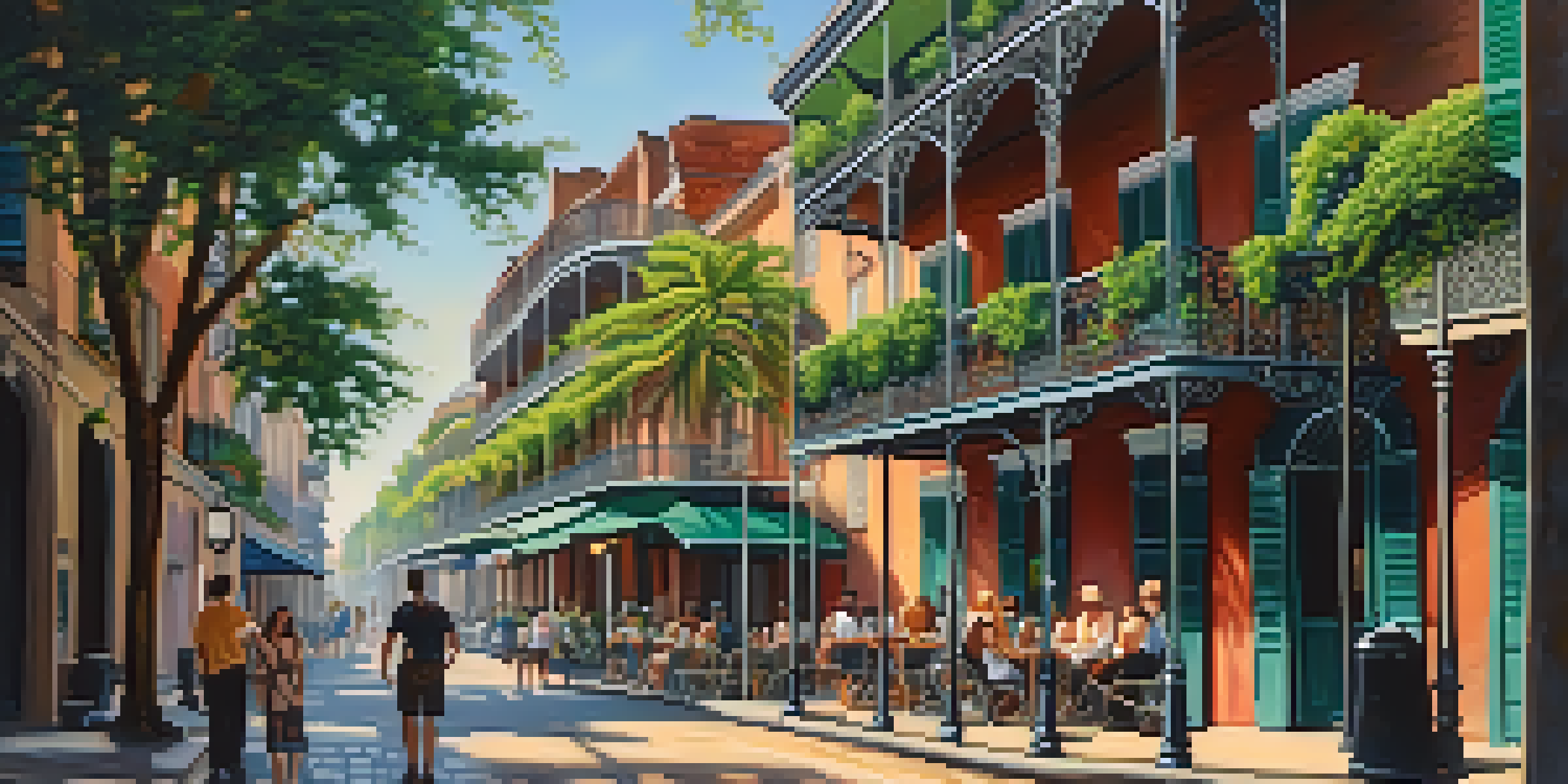 A picturesque view of the French Quarter in New Orleans, featuring colorful buildings, ironwork balconies, and people at a café under dappled sunlight.