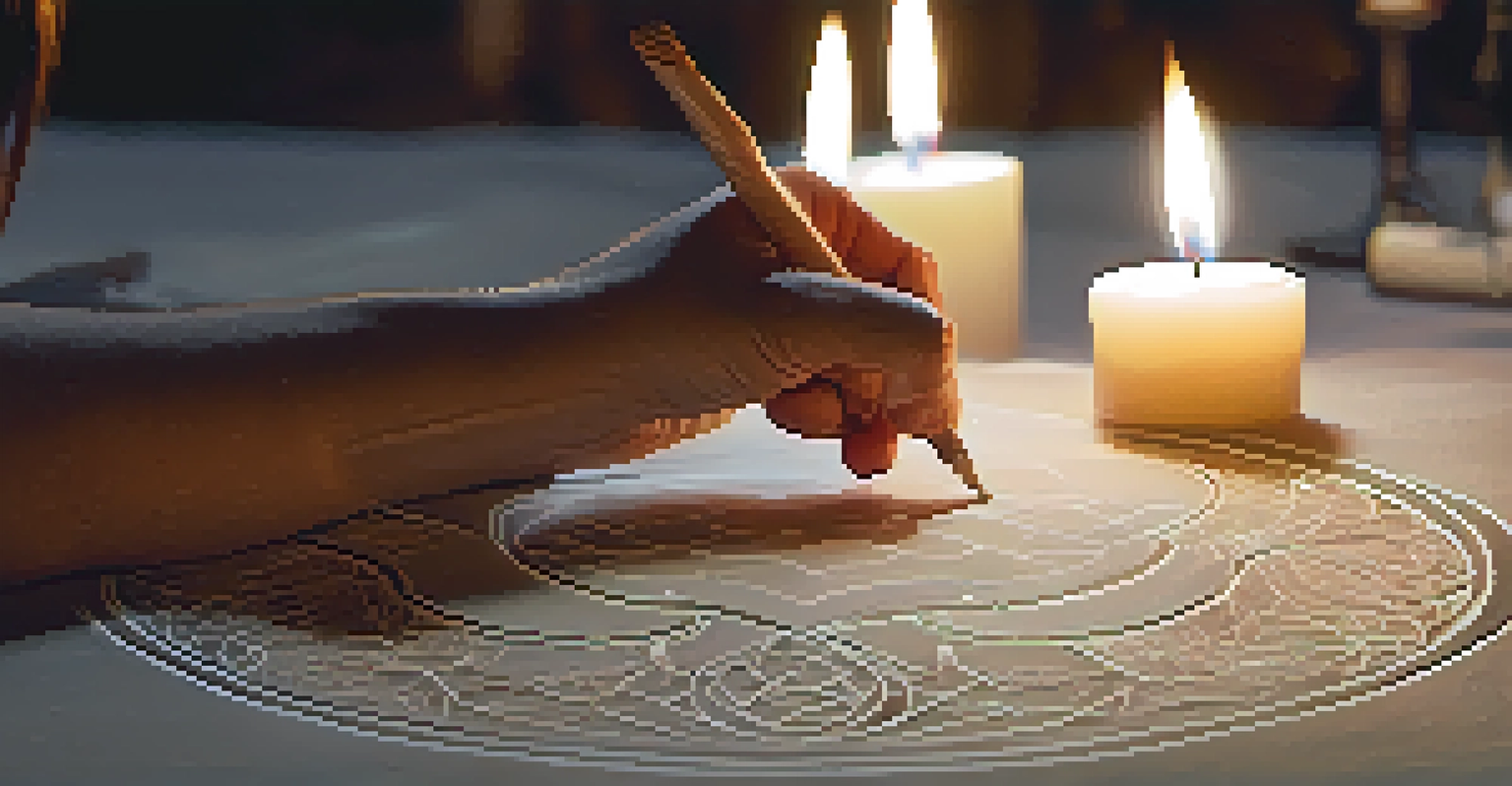 A hand drawing a veve on the ground surrounded by candles and ritual tools, captured in soft light.