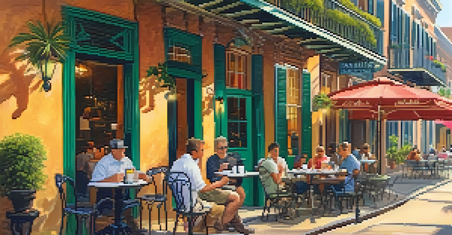 A café scene with people enjoying beignets and coffee outdoors in the French Quarter.