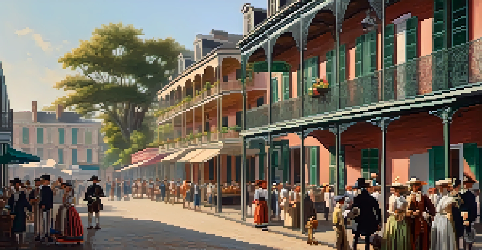 A bustling early French settlement in New Orleans, depicting narrow streets with colonial buildings and people engaging in trade.