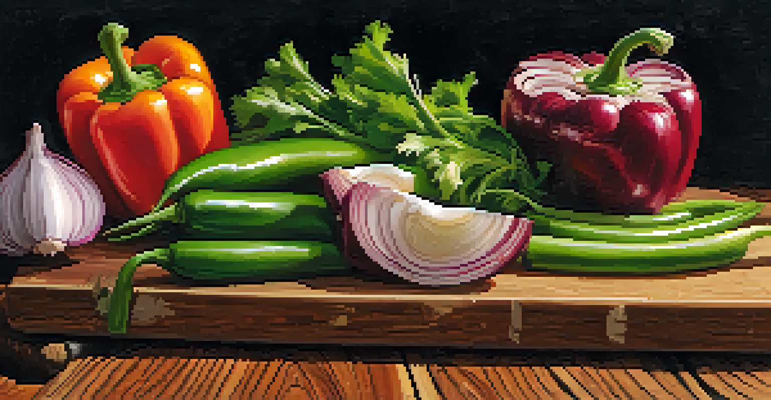 Freshly chopped onions, bell peppers, and celery arranged on a wooden cutting board, representing the essential ingredients of Cajun cooking.