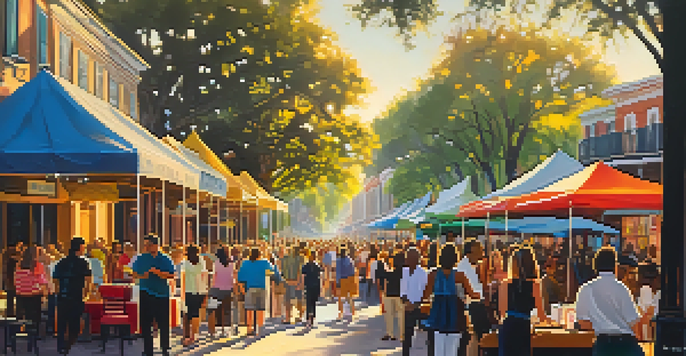 A bustling street scene at a New Orleans literary festival with colorful tents, people engaging in book activities, and musicians in the background.