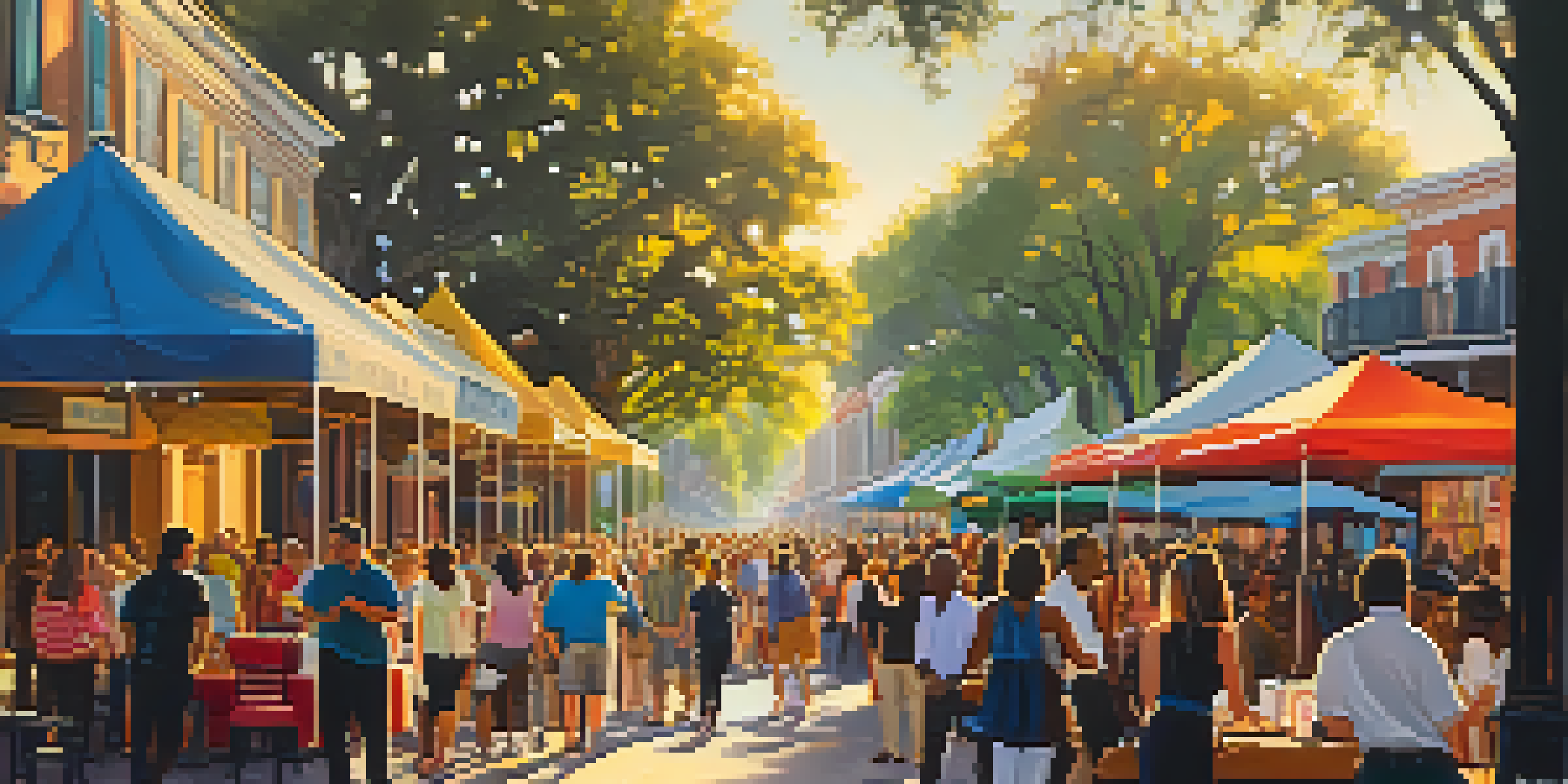 A bustling street scene at a New Orleans literary festival with colorful tents, people engaging in book activities, and musicians in the background.