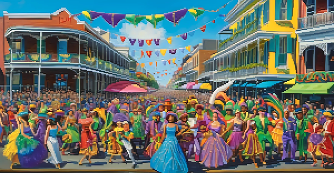 A lively Mardi Gras parade in New Orleans, showcasing a colorful float and participants in elaborate costumes, with onlookers enjoying the festivities.