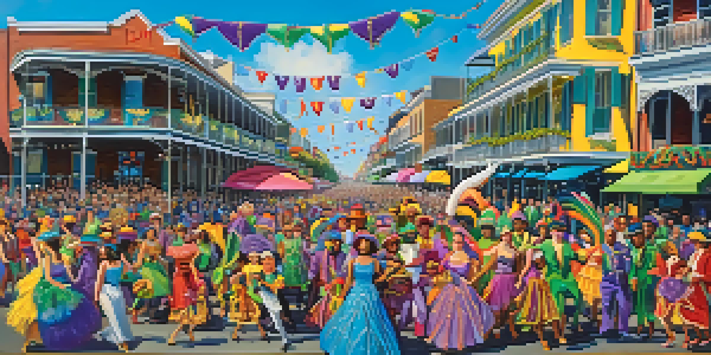 A lively Mardi Gras parade in New Orleans, showcasing a colorful float and participants in elaborate costumes, with onlookers enjoying the festivities.