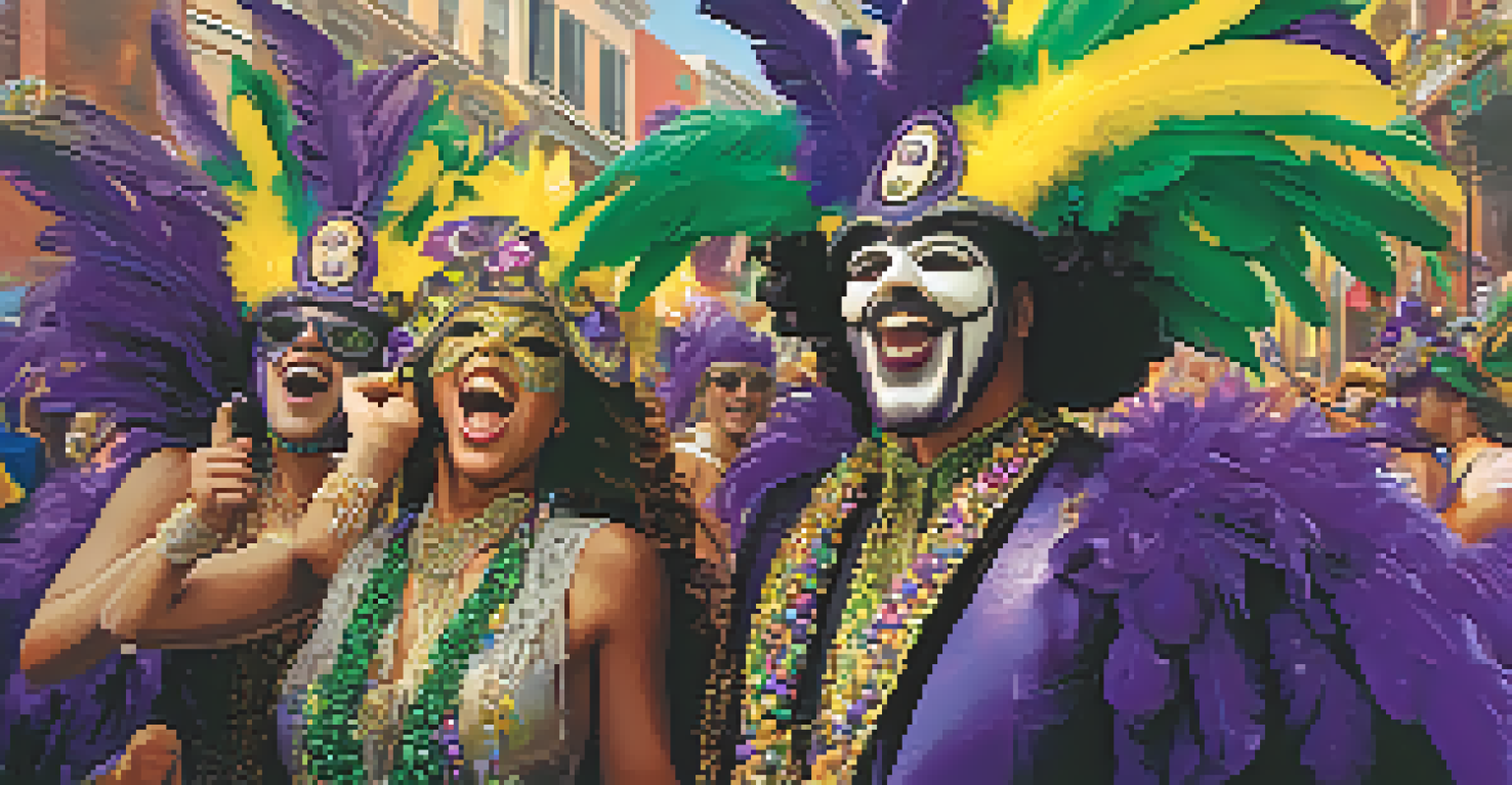 Participants in elaborate Mardi Gras costumes celebrating with confetti in a vibrant parade setting.