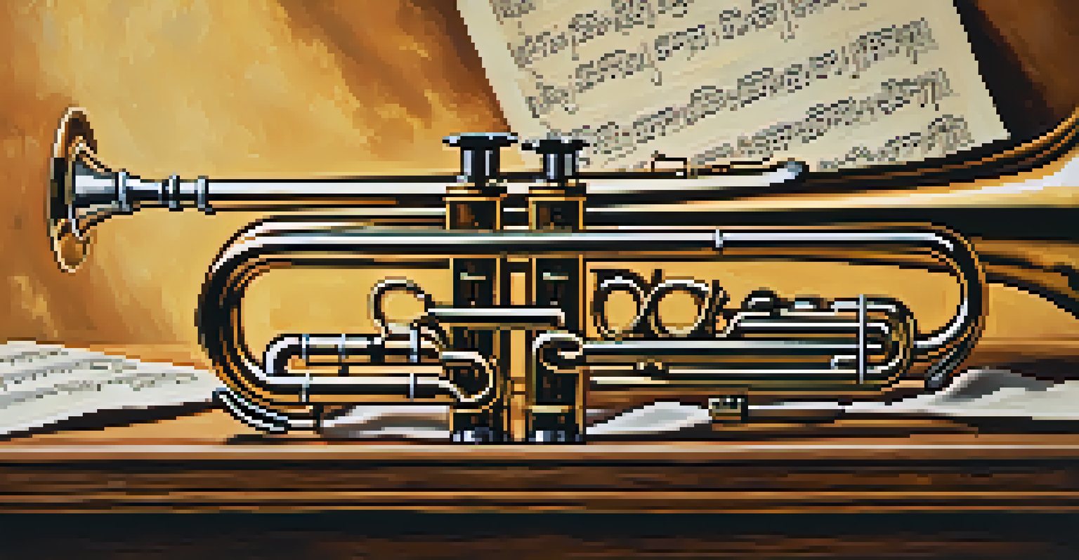 A close-up of a vintage cornet on a wooden table with sheet music, illuminated by soft lighting.