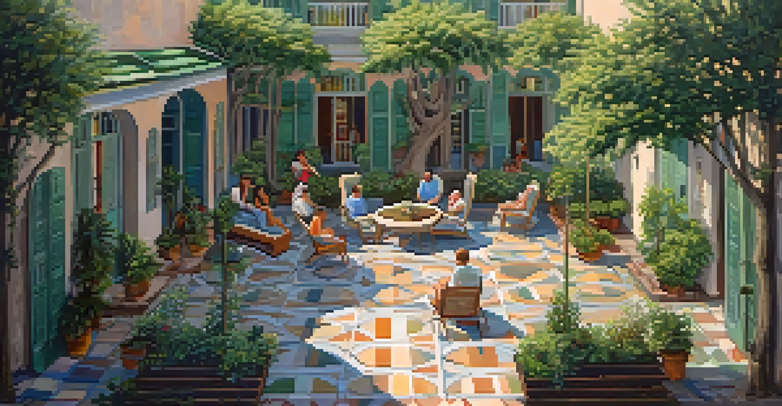 An aerial perspective of a lively New Orleans courtyard, featuring tiled flooring, shade trees, and residents engaging in leisure activities.