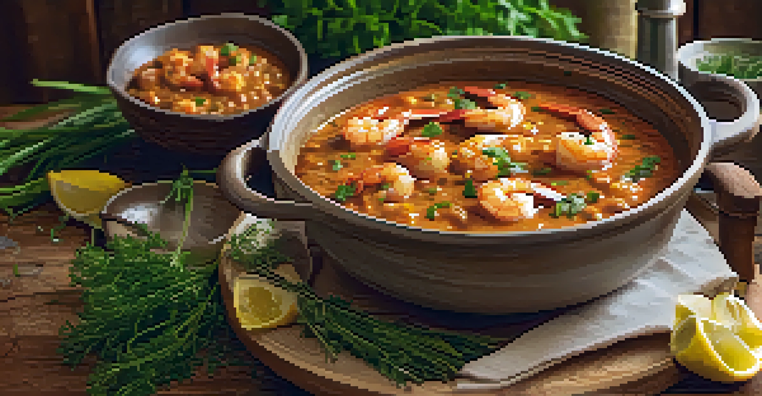 A beautifully plated shrimp étouffée dish with a rich sauce and garnished with herbs, set in a cozy kitchen environment.