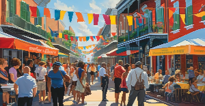 A bustling literary festival in New Orleans with colorful tents, local authors, and diverse attendees, set against the historic architecture of the French Quarter.