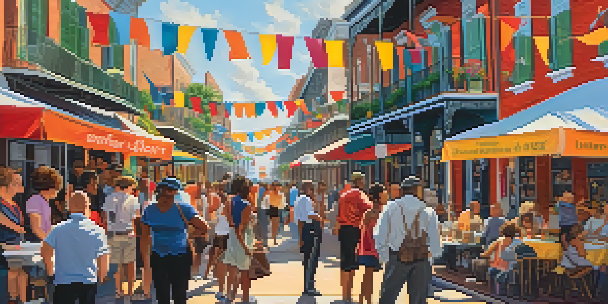 A bustling literary festival in New Orleans with colorful tents, local authors, and diverse attendees, set against the historic architecture of the French Quarter.