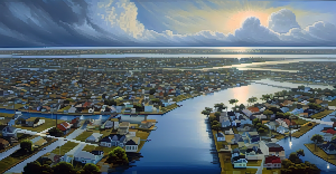 Aerial view of flooded neighborhoods in New Orleans after Hurricane Katrina, showing submerged homes and debris under a cloudy sky.