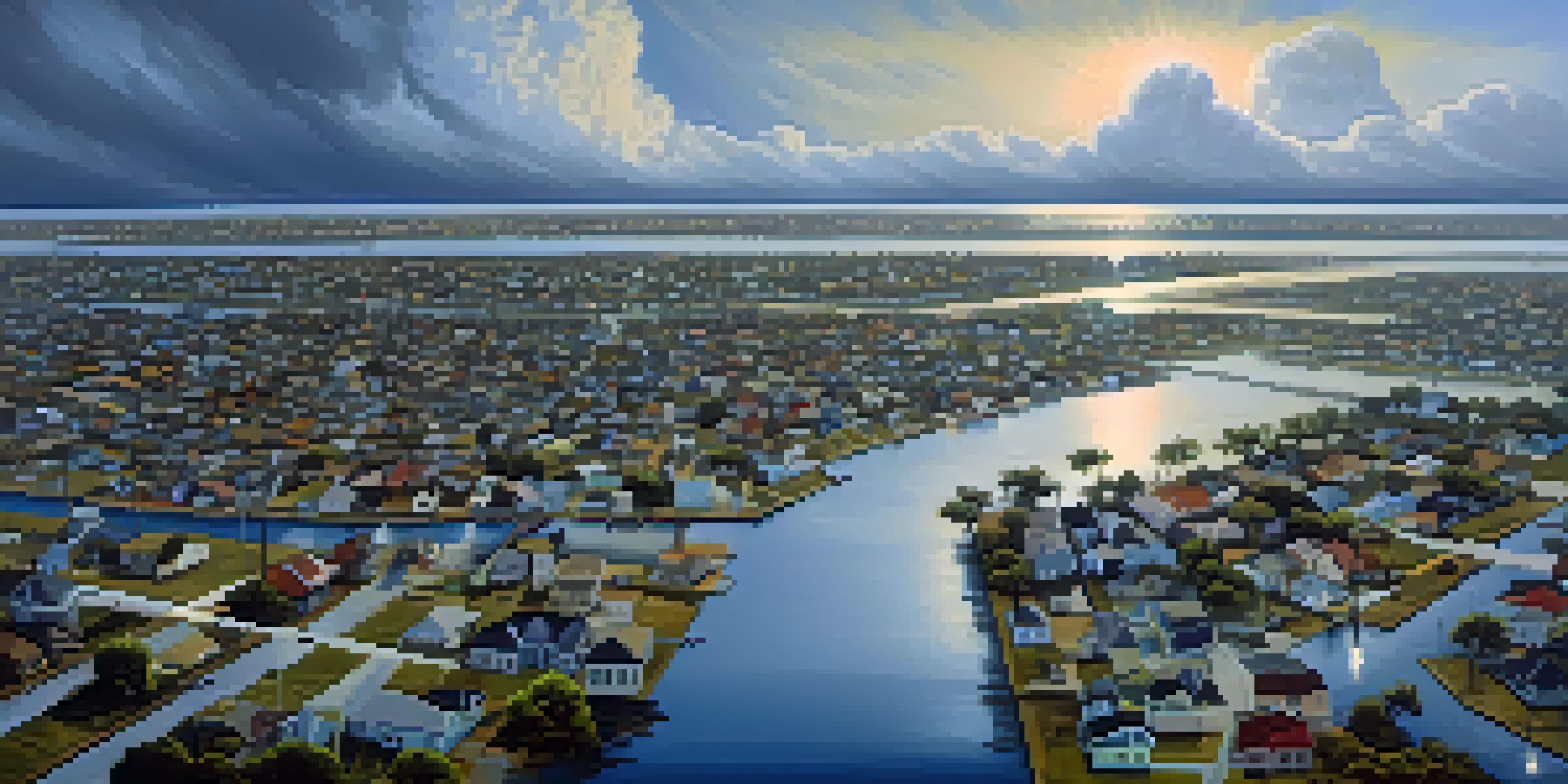 Aerial view of flooded neighborhoods in New Orleans after Hurricane Katrina, showing submerged homes and debris under a cloudy sky.