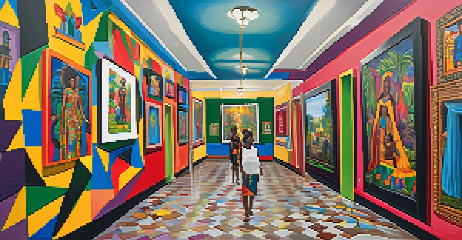 An art gallery showcasing a blend of Haitian and New Orleans art, featuring vibrant paintings and engaged visitors.