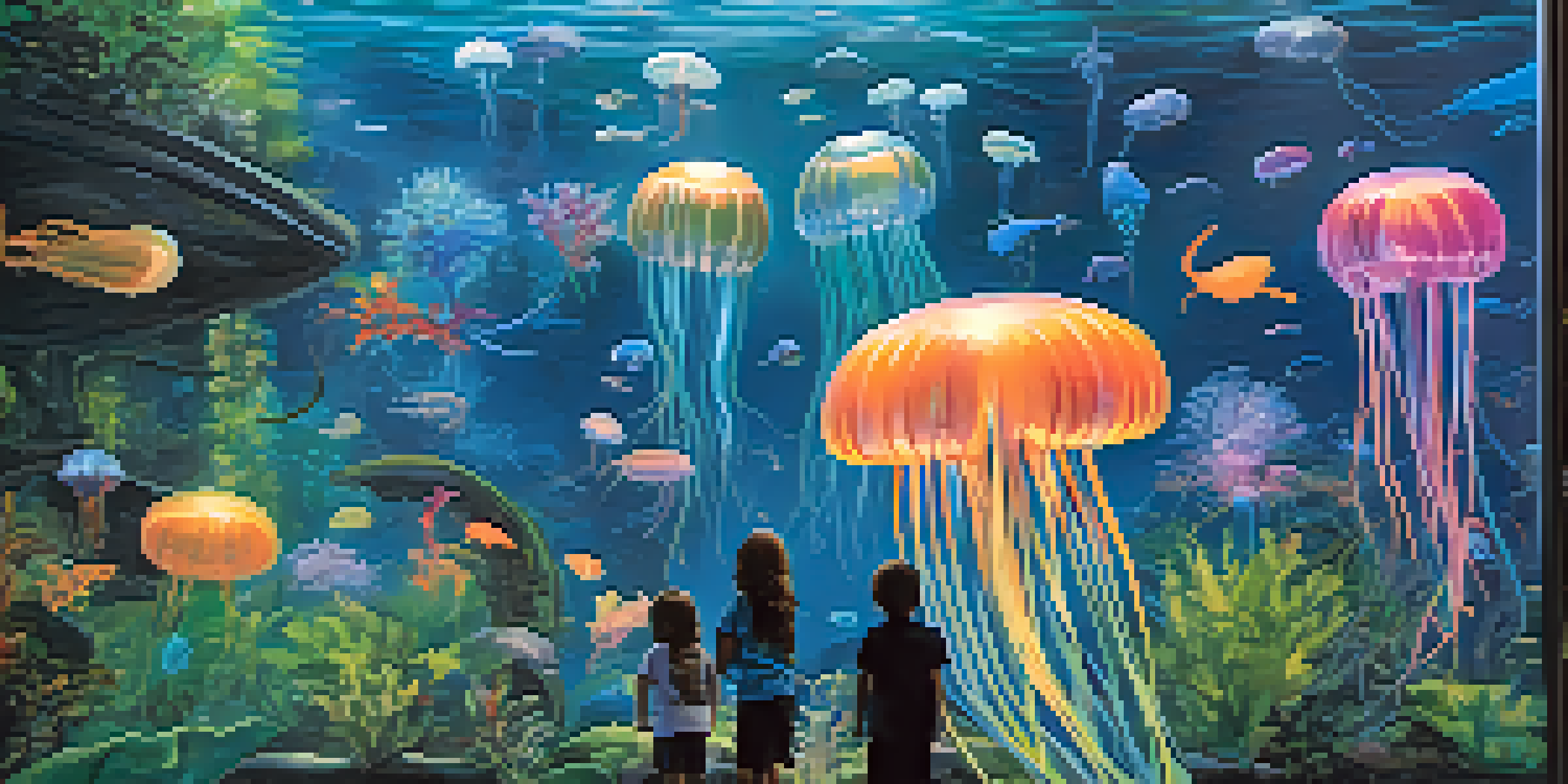 Children gazing at colorful jellyfish in a large aquarium tank, surrounded by aquatic plants and soft blue lighting.