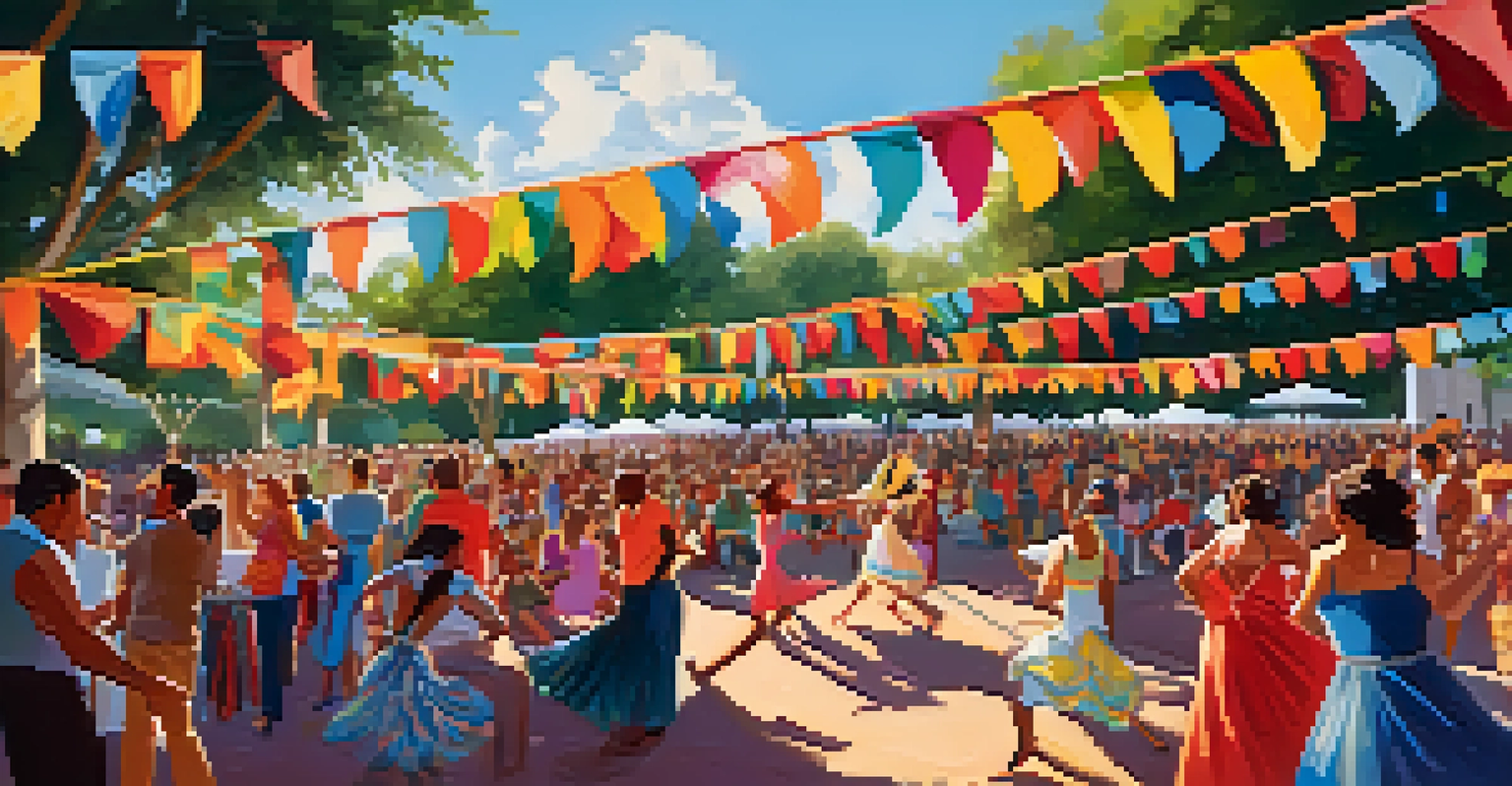 A vibrant music festival in New Orleans with musicians performing Flamenco and jazz, and attendees dancing joyfully in a sunny park setting.