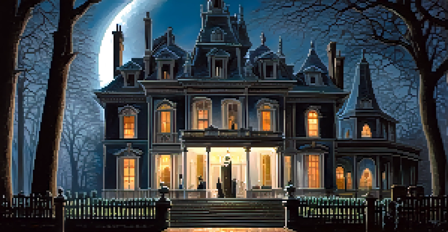 A haunted mansion illuminated by the moonlight, with ghostly figures in front creating a mysterious atmosphere.