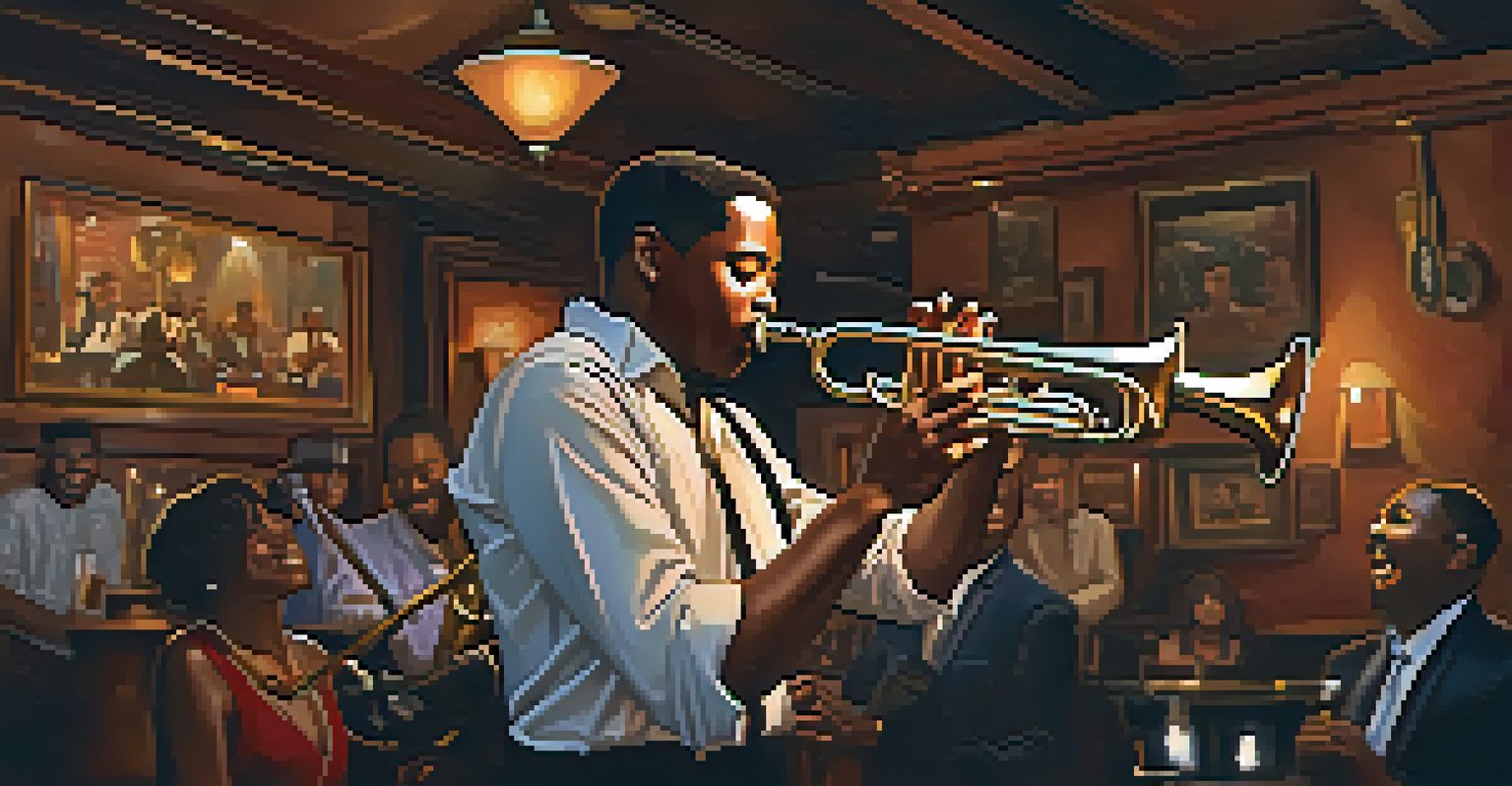 A cozy New Orleans bar with a jazz band performing, focusing on a trumpet player surrounded by warm lighting and vintage decor.