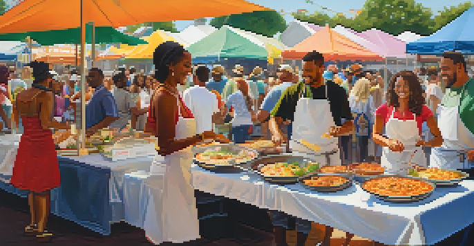 Chefs cooking at a food festival in New Orleans, with visitors enjoying food and music in a lively atmosphere.