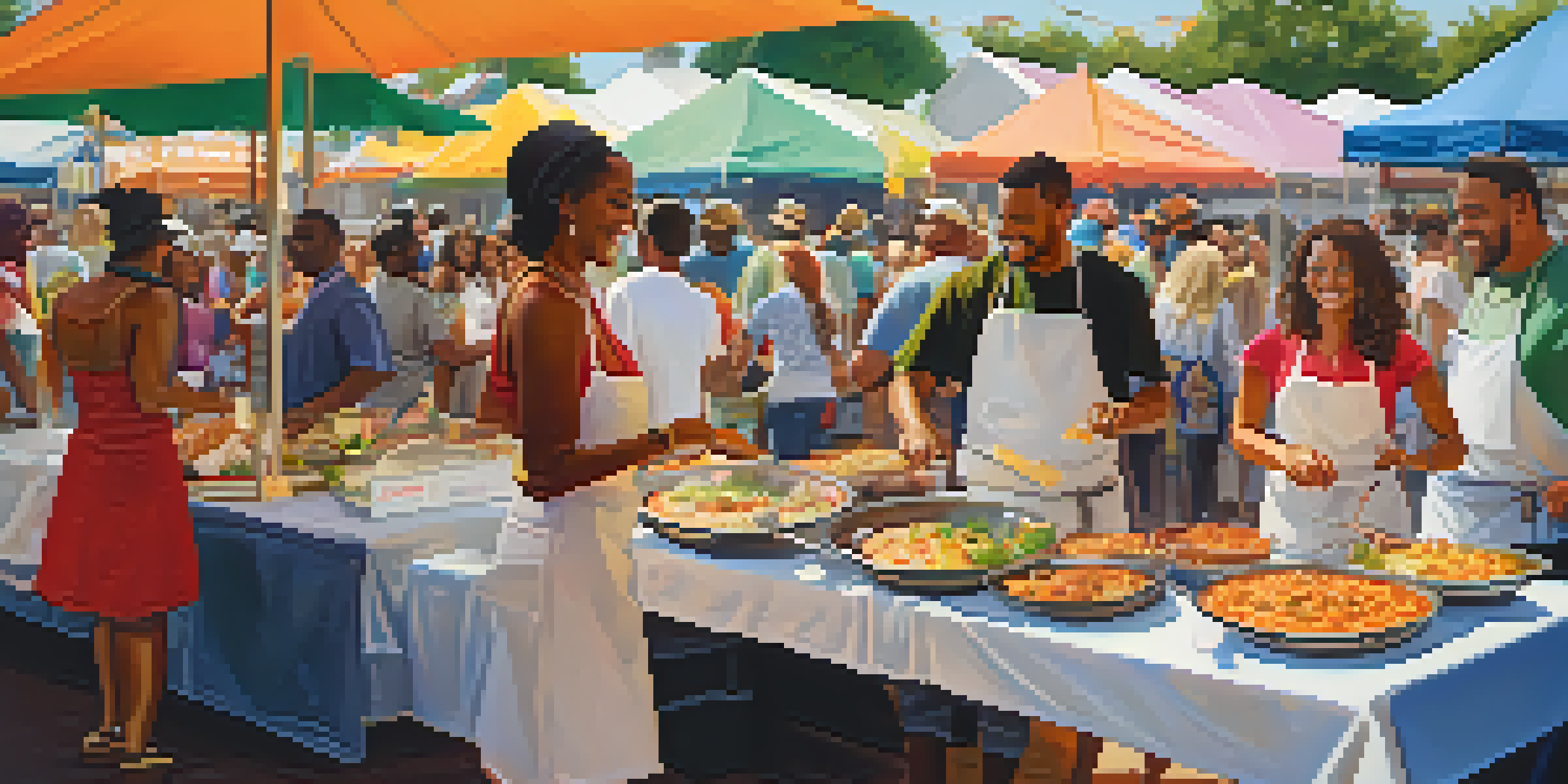 Chefs cooking at a food festival in New Orleans, with visitors enjoying food and music in a lively atmosphere.