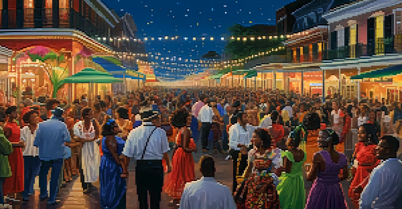 A vibrant festival scene in New Orleans with performers in traditional costumes, dancing under fairy lights, surrounded by art booths and an engaged crowd.