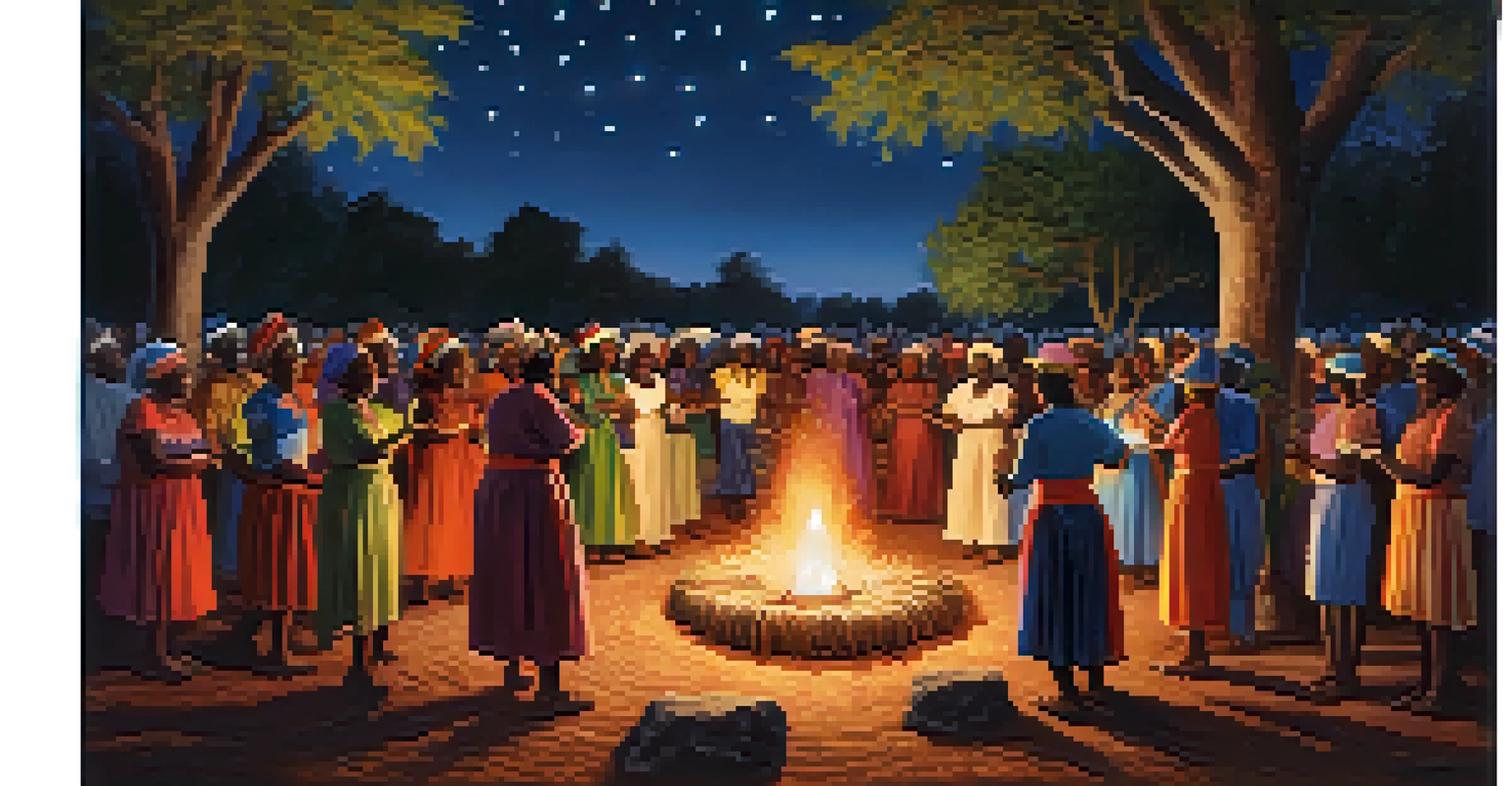 A community gathering for a Voodoo ritual with participants singing and dancing around a fire.