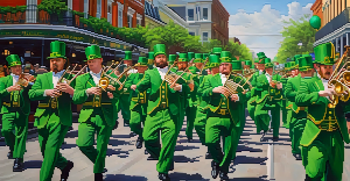A lively St. Patrick's Day parade in New Orleans with colorful floats, people in green attire, and musicians playing traditional Irish instruments.